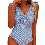 CheChury Damen Badeanzug Rüschen V Ausschnitt Einteiler Badeanzug Vintage Monokini Schlankheits Figurformend Bademode Swimsuit,Blau,M