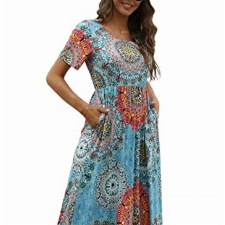 CHERFLY Damen Sommer Maxikleid Casual Elegant Freizeitkleid Kurze Ärmel mit Taschen (Floral Mix Blau,L)