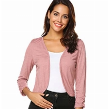 Chigant Bolero Damen Festlich Strickjacke Sommer Cardigan Open Front Jacke Elegant Bolerojacke 3/4 Ärmel Rosa Größe L