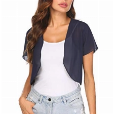 Chigant Damen Elegant Kurzarm Bolero Leicht Transparent Cardigan aus Weich Chiffon Festlich Jäckchen zum Kleid Blau XL