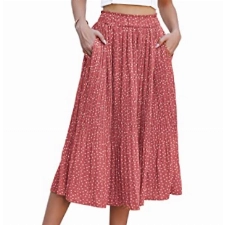 Chigant Plisseerock Damen Polka Dot Elastische Taille Midirock Sommer Chiffon Rock Swing Elegant Ziegelrot Faltenrock mit Taschen Größe XL