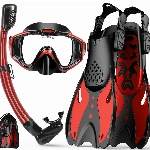 chnorchelset Erwachsene mit Flossen, Anti-Fog Panorama-Weitblick Taucherbrille, Premium Dry Schnorchel und Tauchflossen für Erwachsene, Professionell 3 in 1 Taucherausrüstung Schnorcheln Set (Rot)