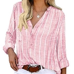 Cindeyar Bluse Damen Langarm Streifen Oberteile Casual Langarmshirt Tops Lose Baumwolle Tunika Hemd (L, Rosa)