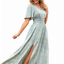 Clearlove Damen Kleid Lang Sommer A Linie Schlitz Kleid Kurzarm V Ausschnitt Maxikleider Elegant mit Leopardenmuster Strandkleid Sommerkleid Grün L