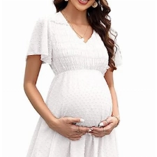 Clearlove Damen Schwangerschaftskleid aus Schweizer Pünktchen-Chiffon mit kurzen Ärmeln für den Sommer(Weiß,XL)