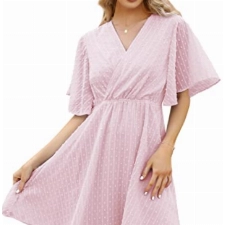 Clearlove Damen Sommerkleid Kurzarm Chiffonkleid V-Ausschnitt Kleider Freizeitkleid Schweizer Punkt Kleid Partykleid Strandkleid Minikleid (Rosa, M)