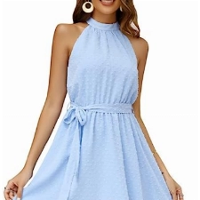 Clearlove Damen Sommerkleid Sexy Neckholder Ärmellos Chiffon Kleid Weiß Minikleider Sommer Casual Swiss Dot A-Linie Strandkleid Partykleid Blau XL