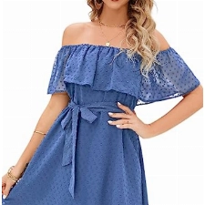 Clearlove Kleid Damen Schulterfrei Sommerkleid Swiss Dot Minikleid Strandkleider Sexy Chiffonkleid Freizeitkleid mit Gürtel(Blau,XL)