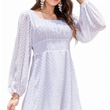 Clearlove Kleid Damen Weiß Langarm Quadratischer Kragen Chiffonkleid Hohe Taille Kleider Casual Dot Minikleid Partykleid XL