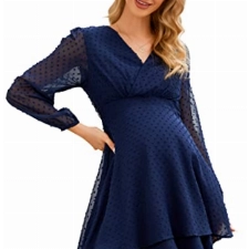 Clearlove Stillkleid Damen Kleid Langarm Chiffonkleid V-Ausschnitt Swiss Dot Frauen Umstandskleid Schwangere Kleider mit Rüschen