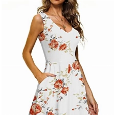 CLOUSPO Damen Sommerkleid Elegantes A Linie Kleid Einfarbig Minikleid Knielang Kleid Damen Ärmellos Tunikakleid mit Taschen für Sommer Strand(Weiss Blumen,XL)