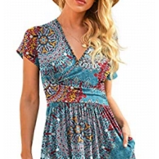CLOUSPO Damen Sommerkleider Kurzarm Elegant V-Ausschnitt Boho Strandkleider Knielang Rüsche Retro Casual A-line Freizeit Kleider mit Taschen(Blumen D, L)
