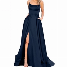 Cocktailkleid Damen Ballkleider Off Shoulder Kleider Damen Lang Elegant Hochzeit A-Linie Criss-Cross Satin Spaghetti Party Prom Maxi Dress Abendkleider Schlitz Brautkleid Festkleider mit Taschen