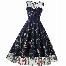 Cocktailkleid Damen Elegant Vintage Rockabilly 50er Jahre Ärmellos Gestickt Knielang Petticoat Kleid Frauen Festliche Hochzeit Partykleid Abschlusskleid Kurz Abendkleid Ballkleid Marineblau XXL