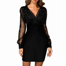 Cocktailkleid Damen Mesh Kleid Elegant Vintage Abendkleid V-Ausschnitt Transparent Glänzend Cocktailkleid Festliche A-Linie Abschlussball Partykleider Minikleid