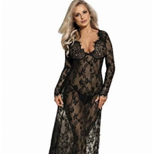 comeondear Damen Kleider Sexy Spitze Lang Langarm V-Ausschnitt Negligee Schwangerschafts Umstandskleid Cocktailkleid Abendkleid,2XL 3XL/44 EU 46EU,Schwarz