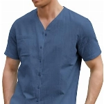 COOFANDY Hemd Herren Kurzarm Leinenhemd mit V Ausschnitt Comfort Fit Baumwolle Sommer Kurzarm Hemd für Männer Blau L