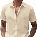 COOFANDY Hemd Herren Kurzarm Smoking Hemden Sommerhemd Leinen Buissnesshemd Kurzarmhemd Leinenshirt Strandhemd Sommer Einfarbig Basic Freizeithemd Urlaub Helles Khaki L