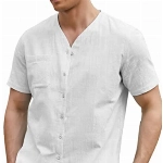 COOFANDY Hemd Herren Kurzarm Sommer Kragenloses Leinenhemd Comfort fit Freizeithemd Weiß XXL