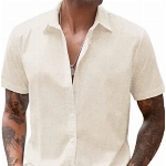 COOFANDY Hemden Herren Kurzarm Leinenhemd Sommerhemd Freizeithemden Buissnesshemd Leinen Strand-Hemd Basic-Shirt Bügelfrei Button Down Hemd Creme Farben XXL