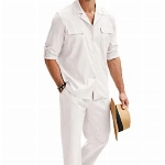 COOFANDY Herren 2 Stück Baumwolle Leinen Set Button Down Hemd Langarm Casual Strand Hose Sommer Yoga Outfits, A-weiß, X-Large