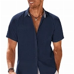 COOFANDY Herren Hemd Kurzarm Baumwolle Leinen Sommerhemd Regular Fit Bügelfrei Kurzarmhemd Shirts Marine Blau L