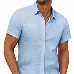COOFANDY Herren Hemd Kurzarm Leinenhemd Sommer Einfarbig Basic Freizeithemd Slim fit Hemden Leinen Shirts Hellblau S