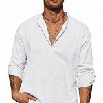 COOFANDY Herren Hemd Langarm Leinen Henley-Kragen Regular Fit Bügelfrei Sommer Leinenhemd für Männer Weiß XL