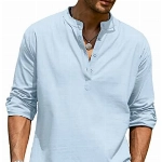 COOFANDY Herren Hemd Langarmshirt Leinenshirt aus Baumwolle Leinen Henley-Kragen Kurzen Kragen Regular Fit Freizeit Sommer Leinenhemd für Männer (L, Blau)