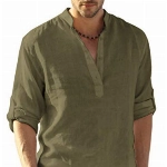 COOFANDY Herren Hemd Leinenhemd Langarm Baumwolle Langarmshirt Henley Shirt Regular Fit Freizeithemd Sommerhemd Hippie Leinenshirt Armeegrün XL
