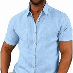 COOFANDY Herren Kurzarm Hemd Leinen Kurzarmhemd Sommerhemd Leinenshirt Freizeithemd Businesshemd Herrenhemden Kurzarm Bügelfrei Himmelblau L