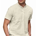 COOFANDY Herren Leinenhemd Leinen T-Shirts Kurzarm Sommer Freizeithemd Kurzarmhemden Stehkragen Baumwolle Shirt Casual Leicht Freizeit Shirts Beige XXL