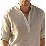 COOFANDY Leinenhemd Hemd Herren Langarm Henley Shirt Herren Baumwolle Sommerhemd Hippie Freizeithemd Casual Regular Fit Khaki XXL