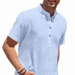 COOFANDY Leinenshirt Herren Kurzarm Hemd Freizeithemden Sommerhemd Kragenloses Kurzarmshirt Baumwoll-Shirt für Männer Freizeithemd Leicht Strandhemd Himmelblau M