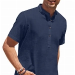 COOFANDY T-Shirt Herren Hemd Kurzarm Leinen Henley Shirt Leinenhemd Leinenshirt Sommer Shirt Einfarbig Sommerhemd Freizeithemd Kurzarmhemd 100% Baumwolle Navy Blau L