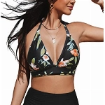CUPSHE Bikini-Set für Damen, hohe Taille, Badeanzug, Neckholder, Selbstbindung, V Nevk, dreieckiges Oberteil, zweiteilig, black floral, S
