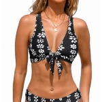 CUPSHE Bikini-Set für Damen, V-Ausschnitt, Schnürung vorne, überkreuzter Rücken, Blumendruck, zweiteiliger Badeanzug, Schwarz und Blumenmuster, XL