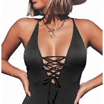 CUPSHE Damen Badeanzug mit tiefem Ausschnitt Lace Up Gerippte Einteilige Bademode Swimsuit Schwarz L