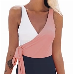 CUPSHE Damen Badeanzug mit Wickeloptik Farbblock Geknotete Einteilige Bademode Swimsuit Rosa/Weiß M