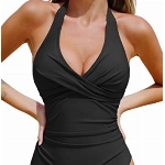 CUPSHE Damen Badeanzug Neckholder V Ausschnitt Wickeloptik Bauchweg Raffung Einteilige Bademode Swimsuit XL