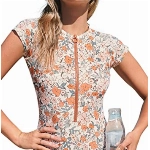CUPSHE Damen Badeanzug Reißverschluss vorne High Neck Kurzarm Blümchenmuster Einteilige Bademode Swimsuit Orange M