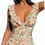 CUPSHE Damen Badeanzug Rüschen V Ausschnitt Bauchweg Raffungen Blumenmuster Einteilige Bademode Swimsuit Mehrfarbig M