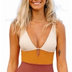 CUPSHE Damen Badeanzug Tiefer V Ausschnitt Monokini Colorblock Riemchen Einteilige Bademode Swimsuit Mehrfarbig S