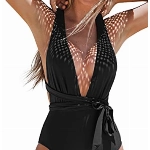 CUPSHE Damen Badeanzug Tiefer V Ausschnitt Monokini Selbstbindung Einfarbig Einteilige Bademode Swimsuit Schwarz L