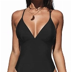 CUPSHE Damen Badeanzug Triangel V Ausschnitt Monokini Zierausschnitten Überkreuztes Rückendesign Figurformend Einteilige Bademode Swimsuit Schwarz XL