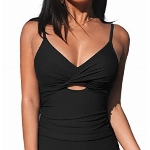 CUPSHE Damen Badeanzug V Ausschnitt Crossover Zierausschnitten Bauchweg Raffungen Einteilige Bademode Swimsuit Schwarz L