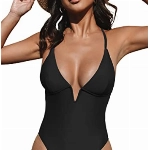CUPSHE Damen Badeanzug V Ausschnitt Tiefer Rückenausschnitt Crossback Figurformend Einteilige Bademode Swimsuit Schwarz XL