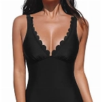 CUPSHE Damen Badeanzug V Ausschnitt Wellenkanten Raffungen Figurformend Einteilige Bademode Swimsuit Schwarz L