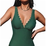 CUPSHE Damen Badeanzug V Ausschnitt Wellenkanten Raffungen Figurformend Einteilige Bademode Swimsuit Grün L