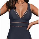 CUPSHE Damen Badeanzug V Ausschnitt Zierausschnitten Verstellbare Träger Figurformend Einteilige Bademode Swimsuit Dunkle Marine L
